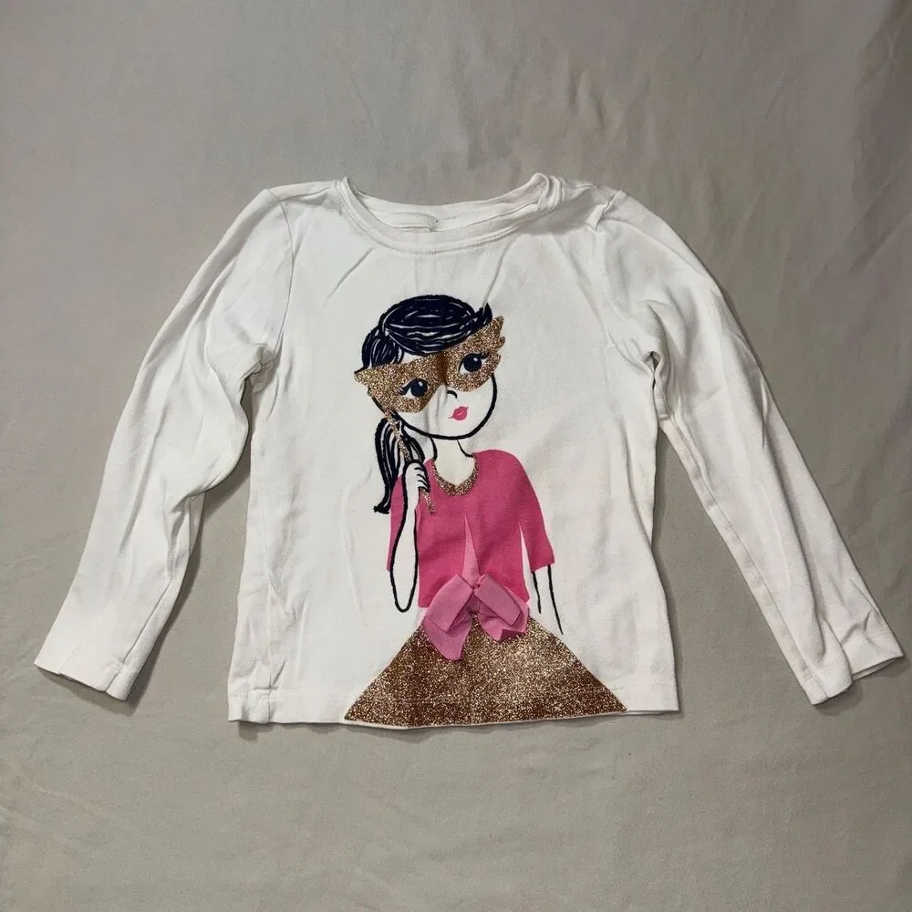 Gymboree Masquerade Mask Shirt Girl's 5 Long Sleeve White Casual Tee Top Glitter